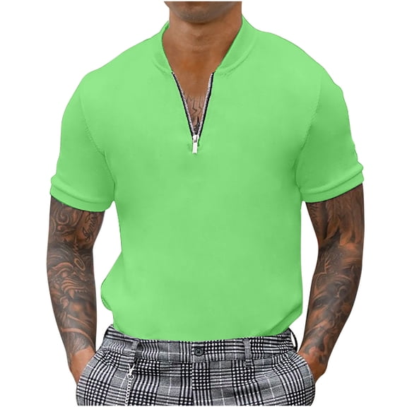 Edvintorg Streetwear T Shirt for Men Fashion Casual Solid Stand Collar Pullover Zipper Short Sleeve Business Blouse Oversized Tee Shirt Men Vintage Clothing