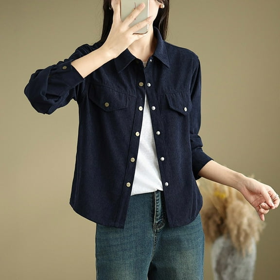 Sakmal Women's Barn Jacket Plus Size Blue Fleece Corduroy Jacket Women's Clothing L