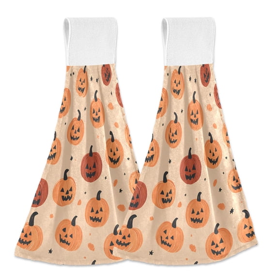Yayeee Kitchen Hanging Hand Towels Set of 2 with Loop Bathroom Absorbent Tie Towel, Colorful Halloween Pumpkin Pattern