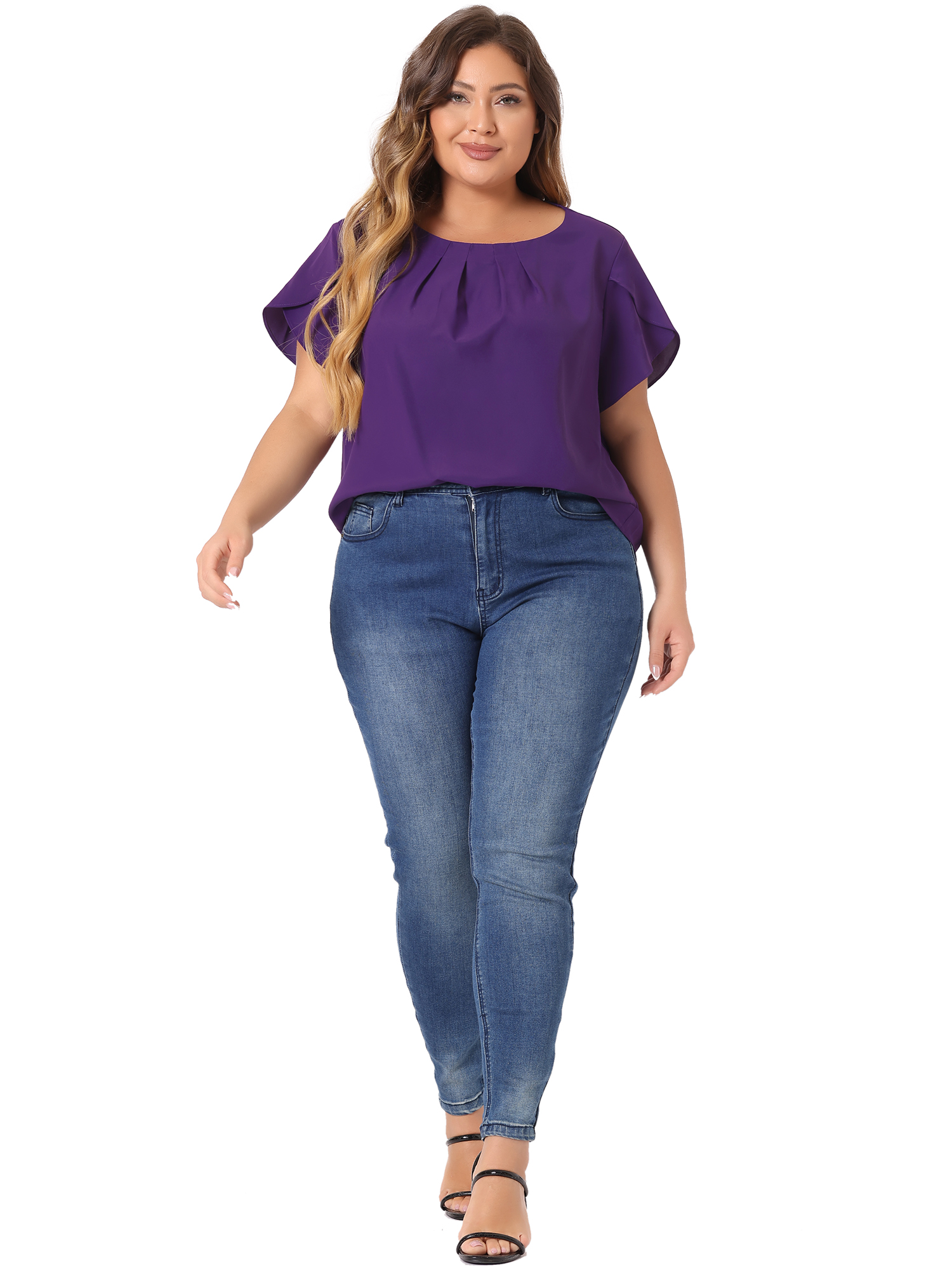 DARING DIVA Women's Plus Size Round Neck Pleated Tulip Sleeve Shirt Blouse 3X Purple