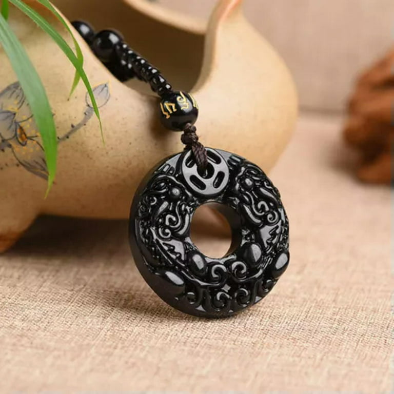Natural Obsidian Double PiXiu Pendant Women Men Lucky Necklace