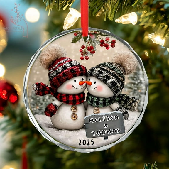 Personalized Snowman Couple Glass Ornament, Christmas Ornament for Couple 2025, Engagement Gift, Newlywed Wedding Keepsake