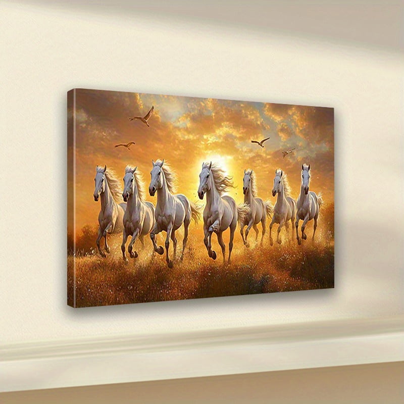 2D Flat, -1pc of Running Seven Lucky White Horses Canvas Wall Art - Wall Painting for Bathroom, Bedroom, Office, Living Room Decoration, Home Decor, Framed