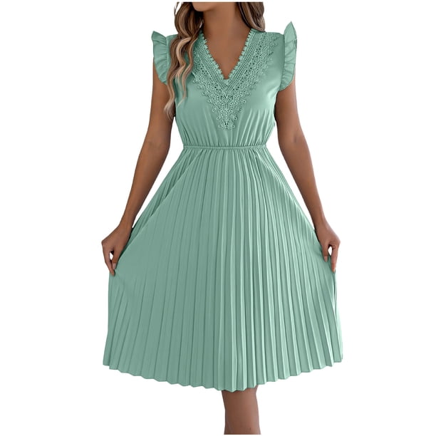 Vestido de Verano Casual de Mujer con Cuello en V Cintura Plegada sin Mangas Medias de Ternera Encaje Vestido de Verano para Mujeres