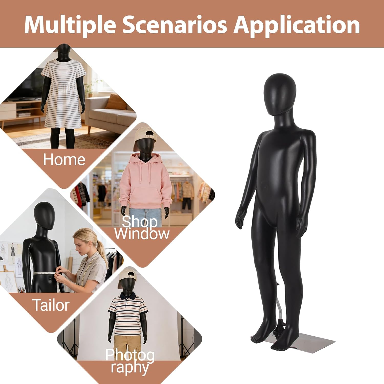 Kinbor Child Mannequin, Black Children Dress Form Mannequins, Kids Mannequins Full Body 43.3 Inches, Realistic Detachable Manikin Body Display with Metal Base