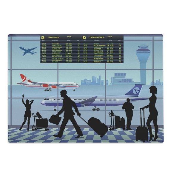 Airport Cutting Board, Planes and Flight Board with Silhouette of Passenger People Terminal Cartoon, Decorative Tempered Glass Cutting and Serving Board, in 3 Sizes, by Ambesonne