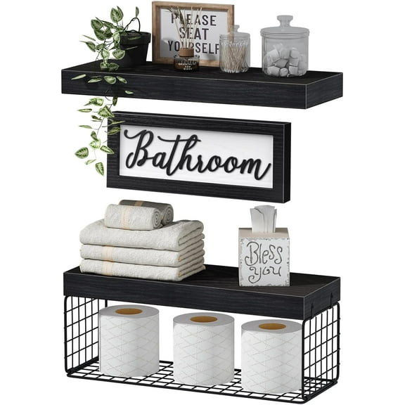 Bathroom Furniture Sets, Shelves Over Toilet Bathroom Decor Farmhouse Decorations Aesthetic Décor Sign Small Wall Shelf 2 1 Set 16 inch, Black