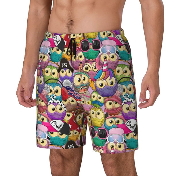 Balery Cute Cartoon Owls Bañador para hombre, shorts de playa de secado rápido con entrepierna y forro de compresión-3X-Large