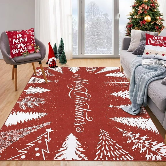 Geetinfly Christmas Area Rugs 4x6 Living Room Rug Non-Slip Washable Indoor Rug Door Mat Xmas Tree SoFT Area Rugs Carpet for Bedroom Dining Room Holiday Decor Red
