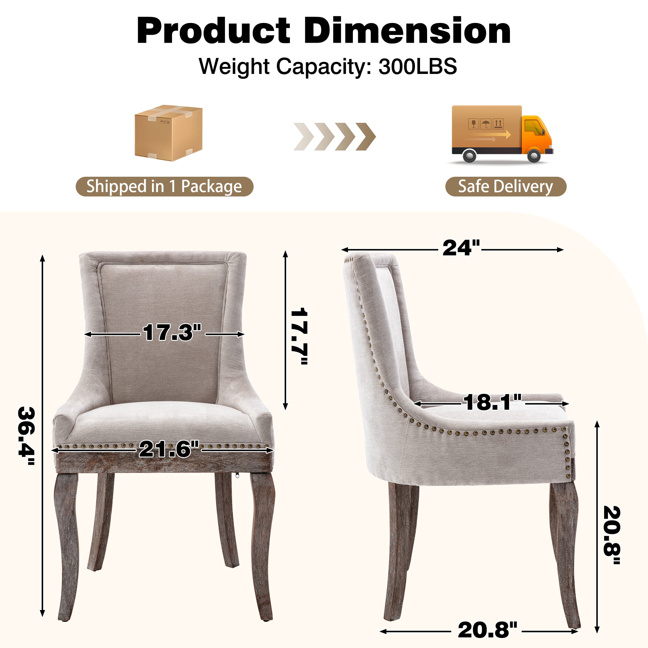 Dining Chairs Set of 2, LEGAHOME Beige Fabric Upholstered Dining Chairs, Mid-century Kitchen Chairs with High Back, Bronze Nail Head, Solid Wood Legs, Beige, 2 Pcs