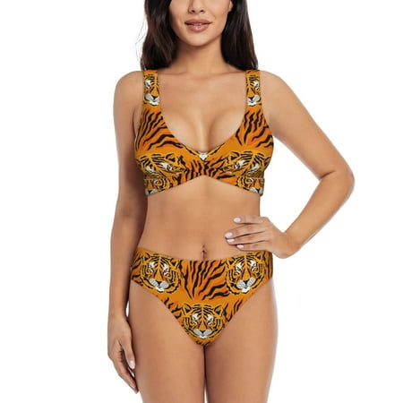 Zeuib Tiger High Waisted Tummy Control Bikini Set - Knot Front Push Up Top & Cheeky Thong Bottom  Two-Piece Swimsuit for Women-Small