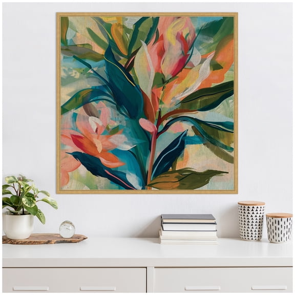 Kate and Laurel Colorful Tropic Botanical Abstract Neutral Linen Framed Canvas Wall Art by The Creative Bunch Studio 30 x 30 Sylvie Bright Gold, Bohemian, Abstract, Flowers Art for Wall Decor, Living