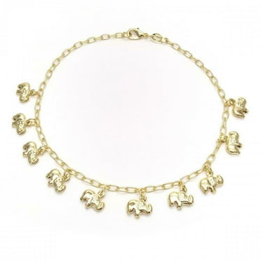 14k Gold Plated Anklet 9 1/2" With 10 Elephant Charms Dangling