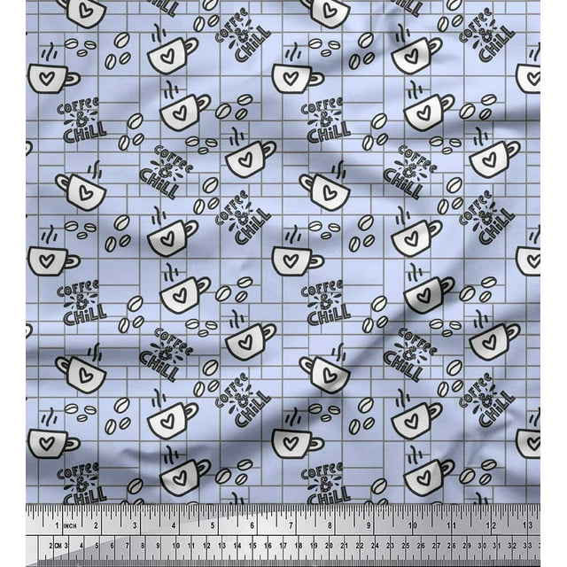 Soimoi Blue Poly Georgette Fabric Coffee & CHill Text Fabric Prints By Yard 52 Inch Wide