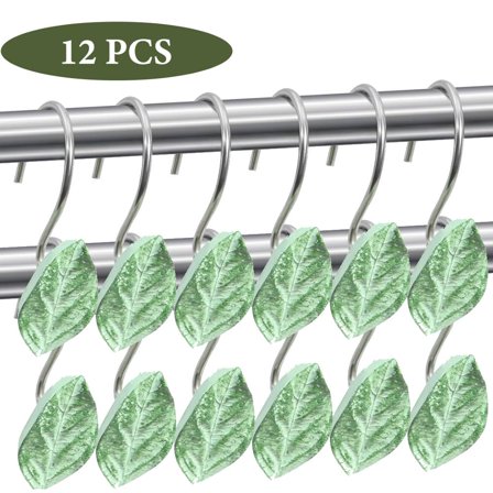 12PCS Leaves Shower Curtain Hooks, Decorative Shower Curtain Rings, Green Plant Leaf Shower Hooks Rustproof Stainless Steel, Bathrom Decor (Leaves)