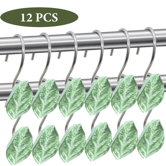 12PCS Leaves Shower Curtain Hooks, Decorative Shower Curtain Rings, Green Plant Leaf Shower Hooks Rustproof Stainless Steel, Bathrom Decor (Leaves)
