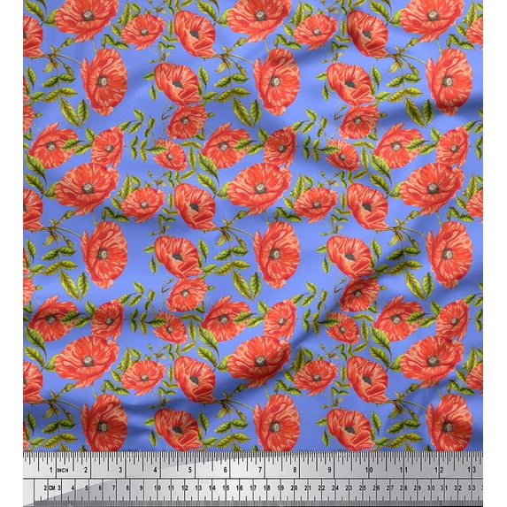 Soimoi Blue Cotton Poplin Fabric Leaves & Floral Decor Fabric Printed Yard 42 Inch Wide