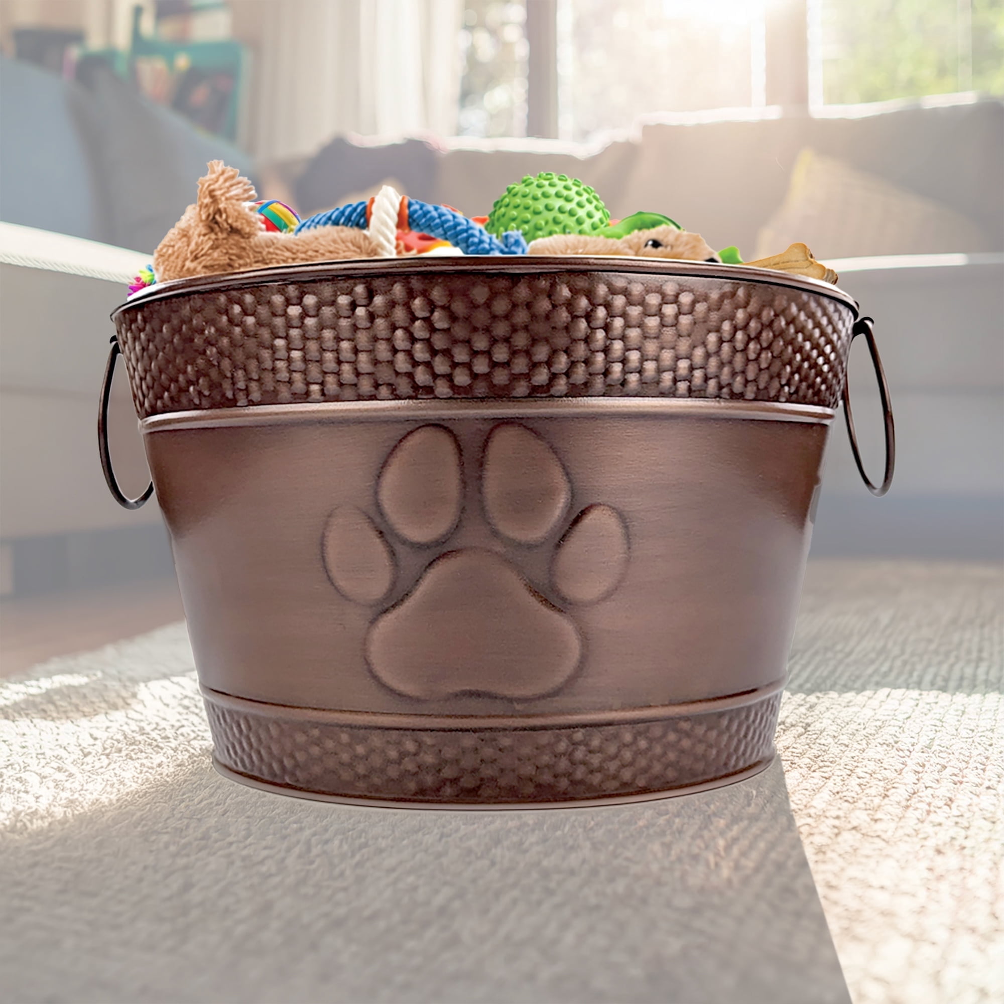 BREKX Metal Dog Toy Bin with Handles, Copper Finish, Storage Baskets (1 Pack)