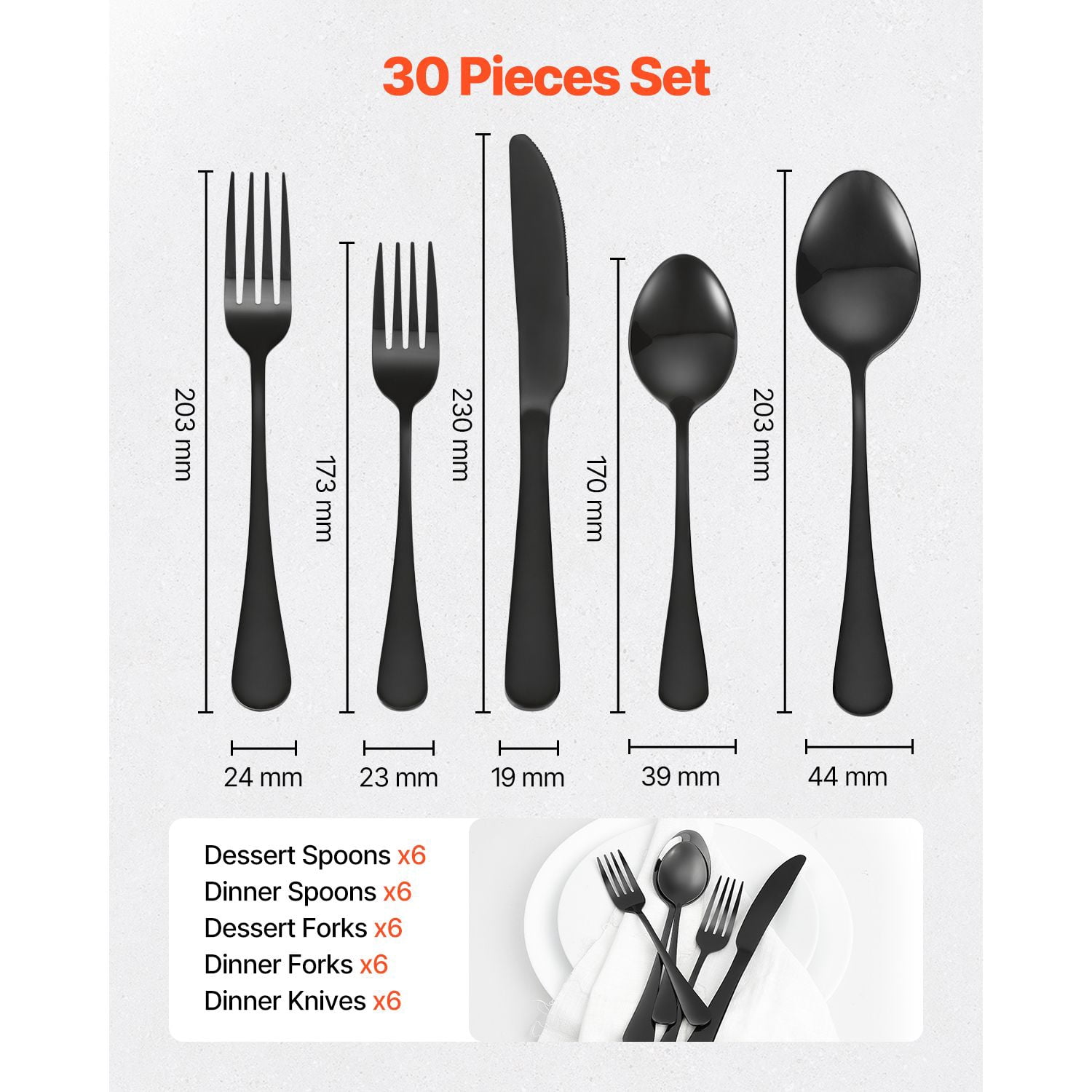 Flatware Set 30-Piece, 18/0 Stainless Steel with Modern Design, 6 Place Settings (Dinner Fork/Spoon/Knife + Dessert Fork/Spoon), Dishwasher Safe for Home Restaurant