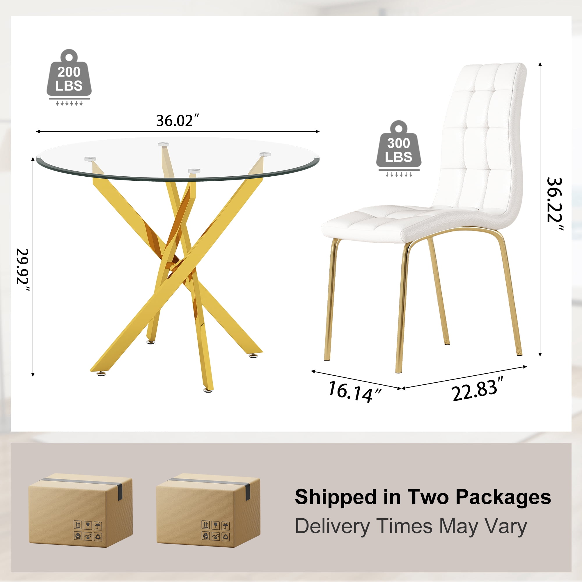 5-Piece 36" Round Glass Dining Set, Clear Tempered Glass Table & 4 PU Leather Chairs with Stainless Steel Legs for Kitchen, Meeting Room
