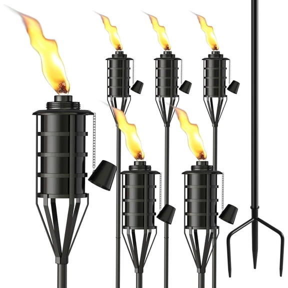 Upgraded Citronella Garden Torch Set of 6, Large Capacity 16oz Metal Torch for Outside, 59.5 Inch Black Home Torches with 3-Prong Grounded Stake,Metal Flame Torch Light for Party Patio Pathway
