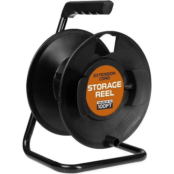 IRON FORGE CABLE Extension Cord Storage Reel with Metal Stand, Black - Portable Cable Reel That Holds Up to 100 Ft of Extension Cords, Hose, or Rope