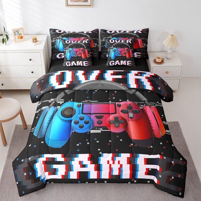 Erosebridal Gamepads Bedding Queen Size,Gradient Geometric Buffalo Bedding Sets Queen Size,Video Game Decor,Reversible,Lightweight,7 Pieces