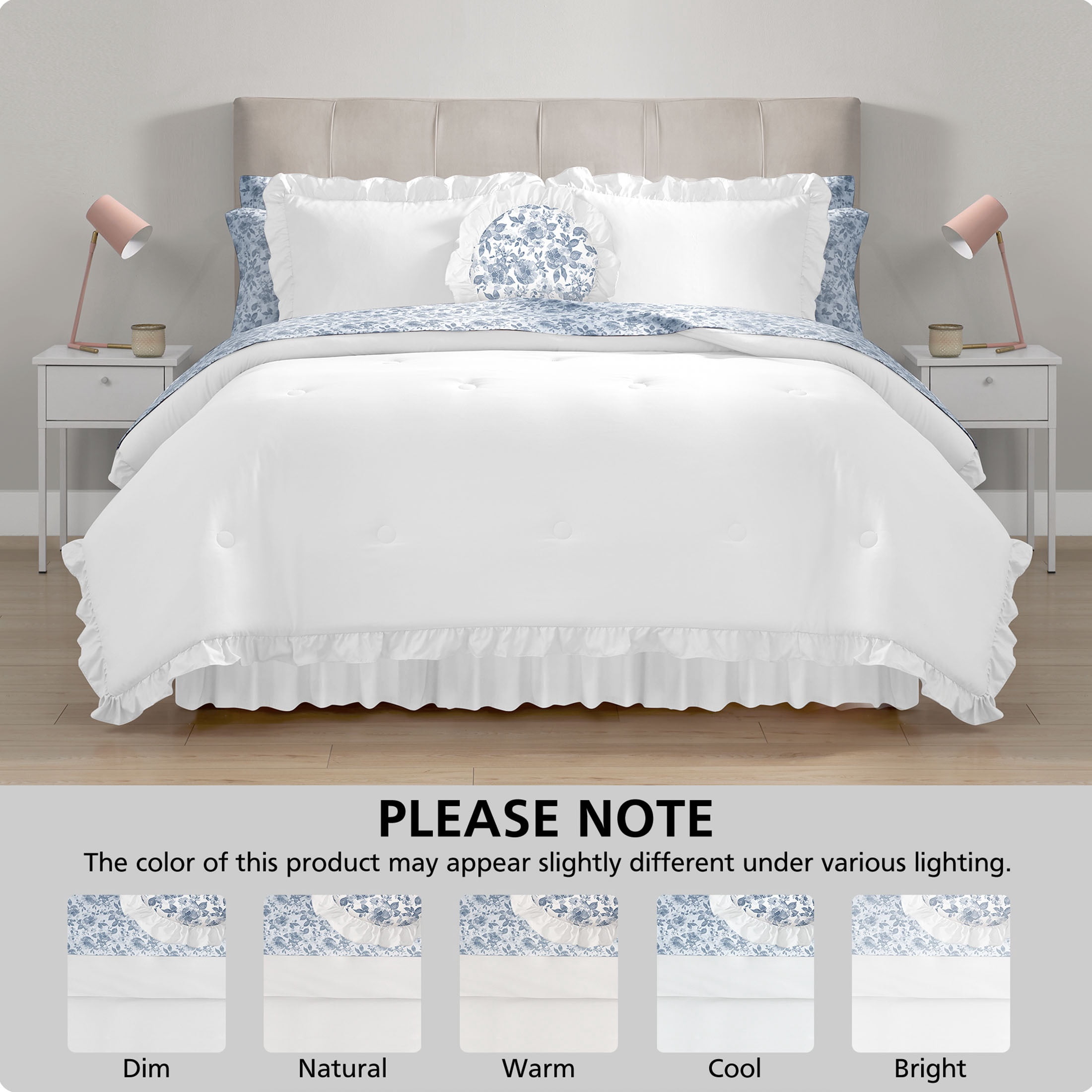 Mainstays All in One Reversible Comforter and Sheet Set- 11 Piece, Full, White and Blue Ruffle