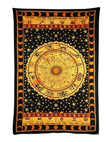 , Yellow 140x210cms 54x82Inches Madhu International Zodiac Mandala Tapestry Hippie Wall Hanging Tapestry Indian Handmade Tapestries Celtic Zodiac Tapestry Wall hanging Twin