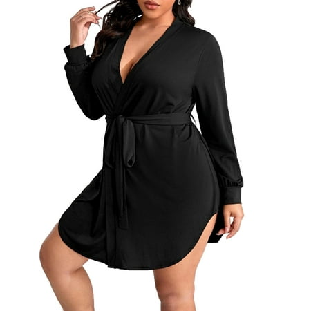 

Casual Solid Deep V Neck Robes Long Sleeve Black Plus Size Robes & Robe Sets (Women s Plus)