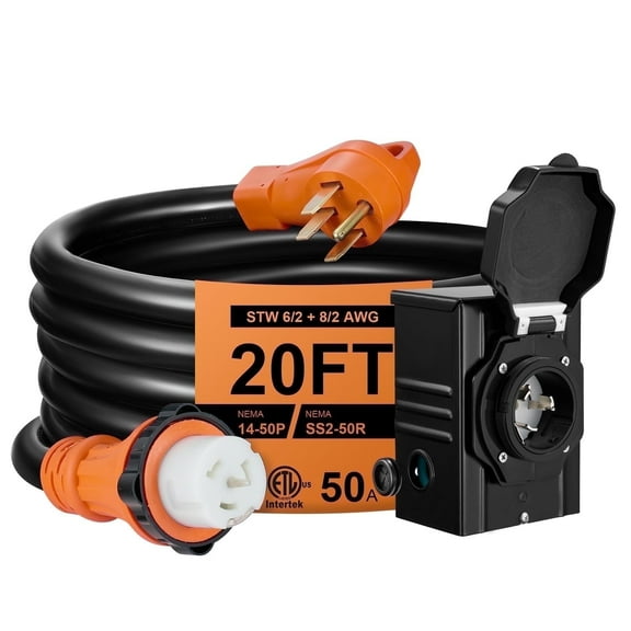 SPEEDWOW 20 FT 50 Amp RV Extension Cord, 125/250V Heavy Duty Extension Cord with Generator Inlet Box, 6/3+8/1 Gauge STW ETL Listed, NEMA 14-50P to SS2-50R, Waterproof Power Cord for RV Outdoor Home