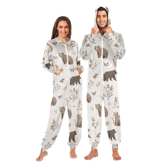 FORMRS Onesies Pajama for Adults Unisex Hoodie Winter Jumpsuit One Piece Sleepwear, Sizes S-2XL, Light Gray Bears