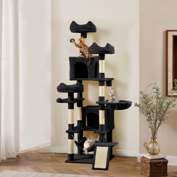 ModFusion Deluxe Black Cat Tree Tower with Hammock & Playhouse - 75-Inch Multi-Level Playground