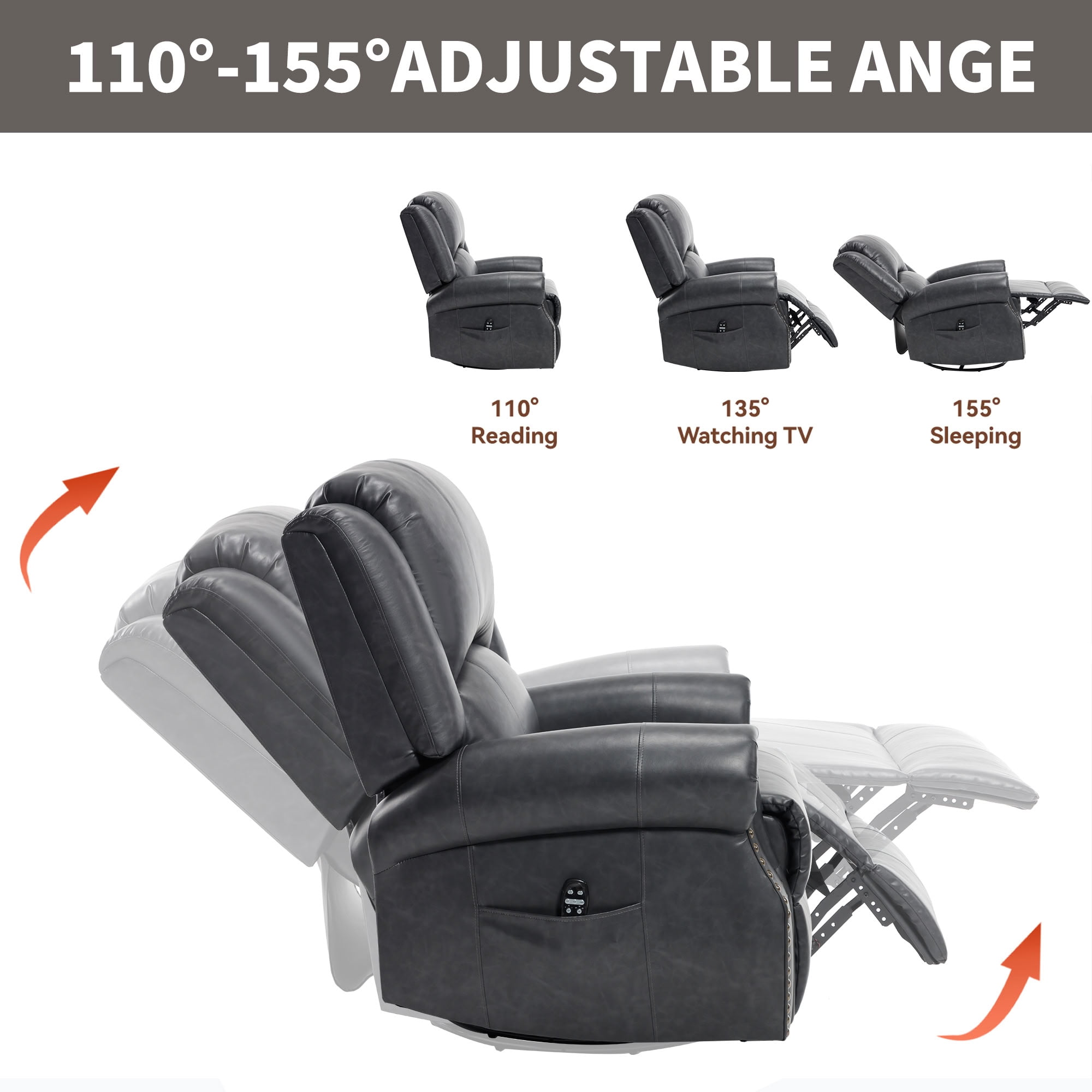 MAYEERTY 360 Degree Swivel Rocker Recliner Chair, Leather Manual Recline Glider Armchair with 8-Point Vibration Massage & Lumbar Heat, 350 LBS Capacity for Living Room Home Theater