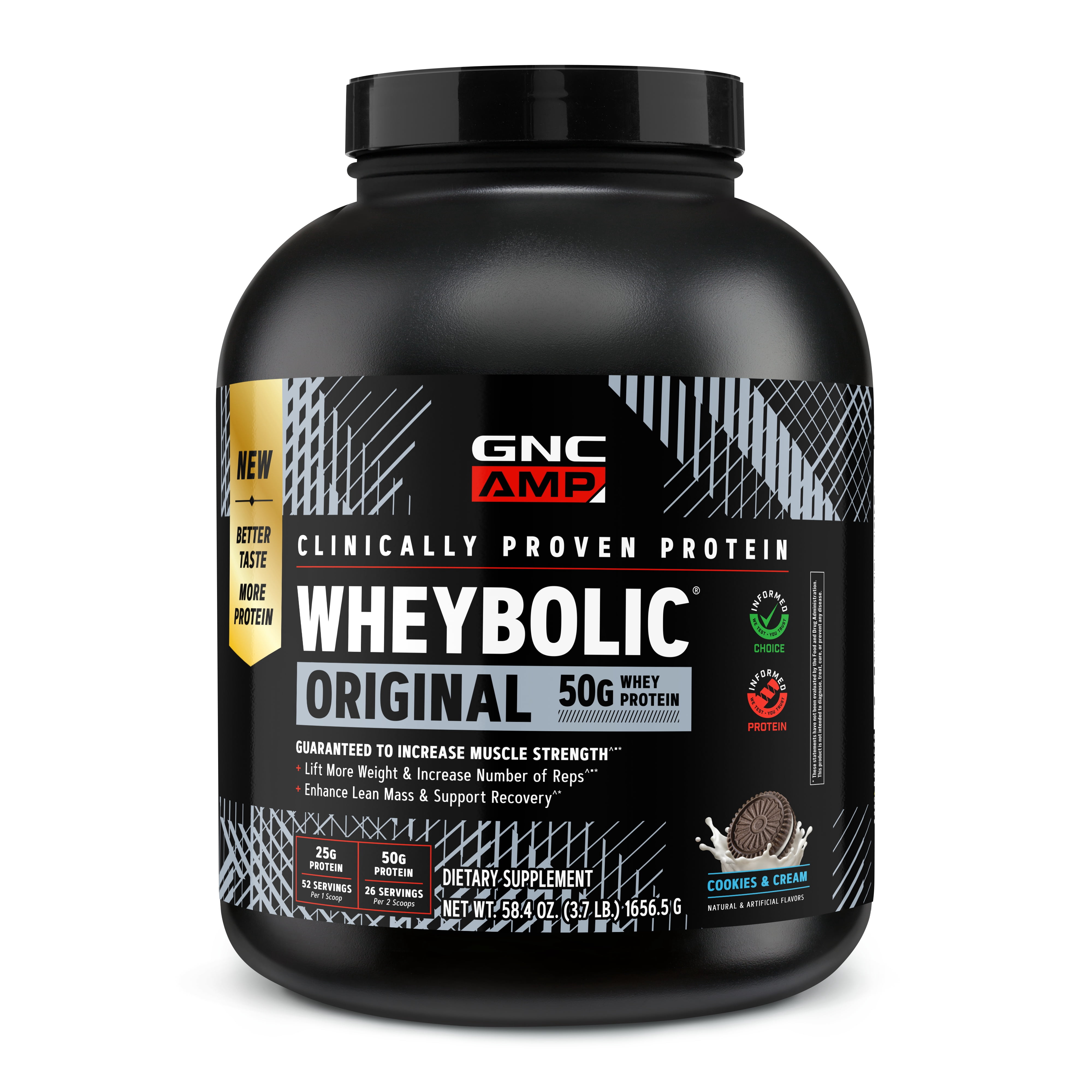 GNC AMP Wheybolic Clinically Proven Protein Powder, 50g Whey Protein, BCAA, Leucine, Increases Muscle Strength, Muscle Building, 3rd Party Tested, Gluten Free, Cookies & Cream 26 Servings