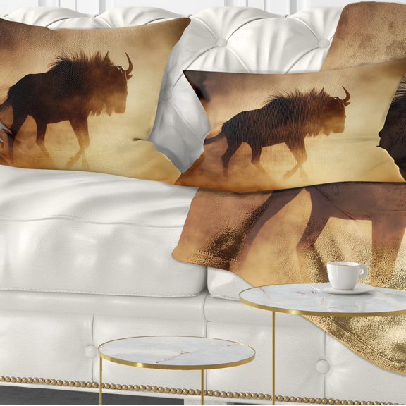 Designart Blue Wildebeest Running in Dust - African Throw Pillow - 12x20