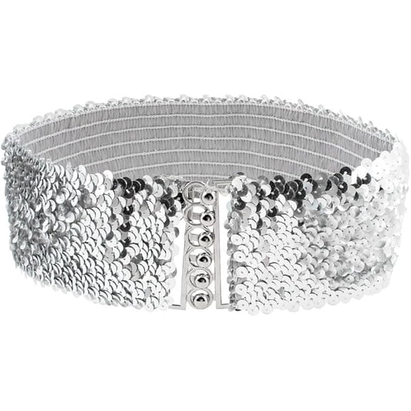 Woman Sequin Detail 7cm Wide Textured Strentchy Waist Cinch Belt Waistbelt Silver Tone