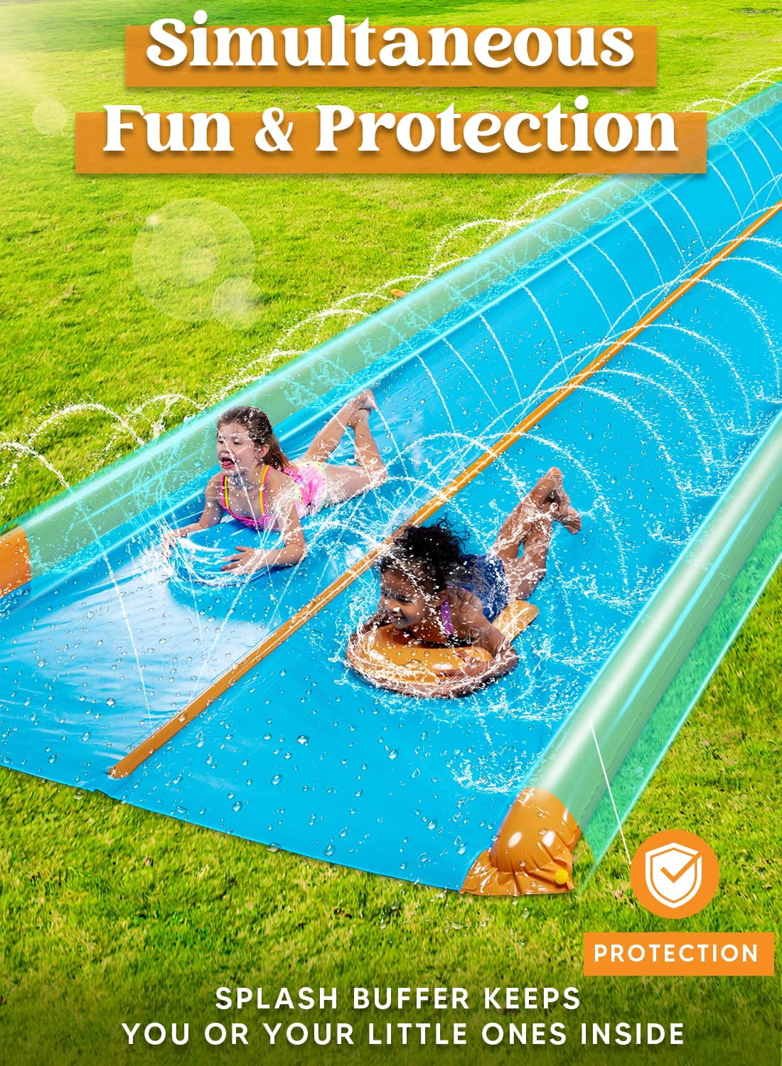 Joyfy 25ft x 6ft Double Water Slide for Kids, Heavy Duty Lawn Water Slide with Sprinkler and 2 Slip Inflatable Boards for Summer Yard Lawn Outdoor Water Play Activities