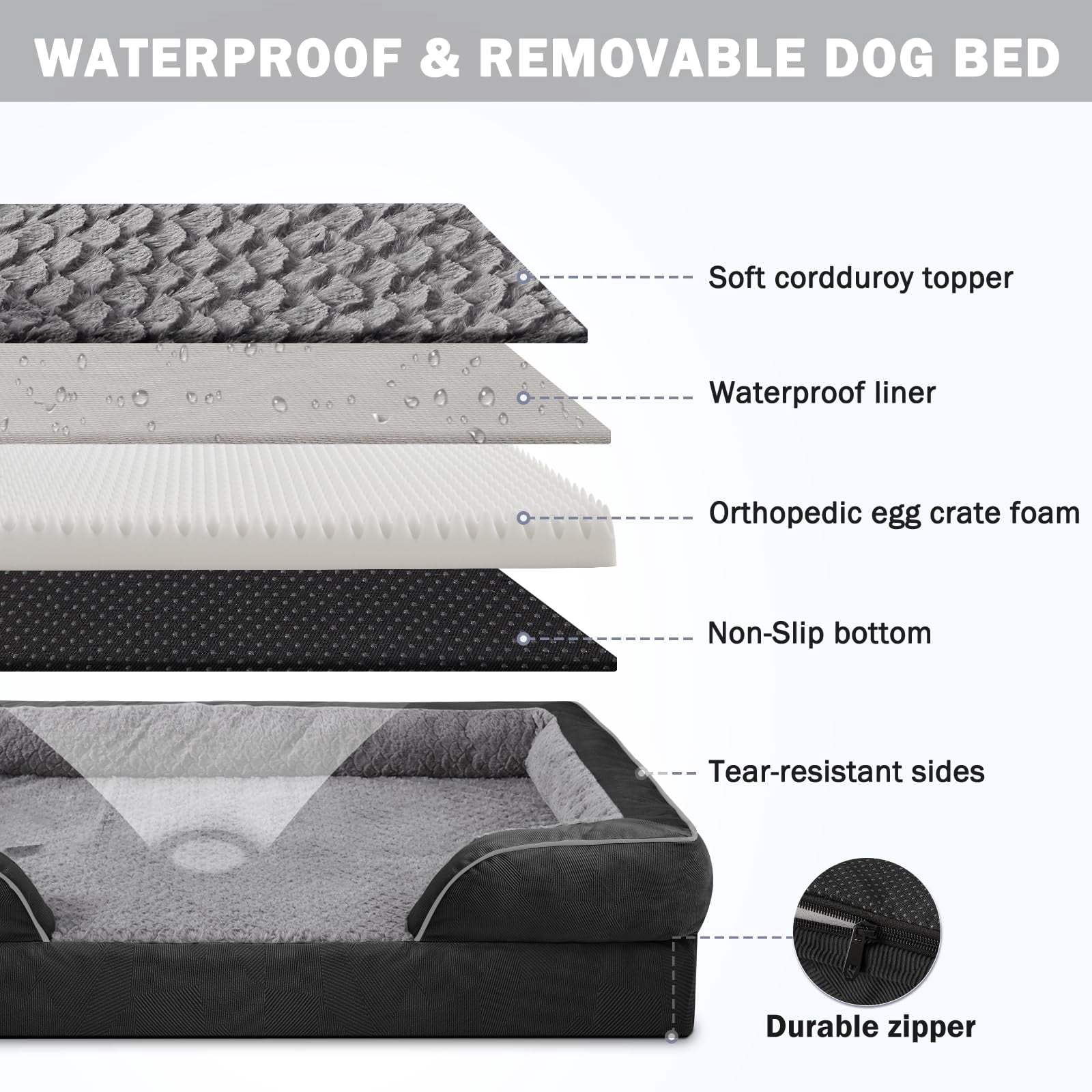 Dog Bed Large Black 35"x25"x6.5" Orthopedic Egg-Crate Foam Washable