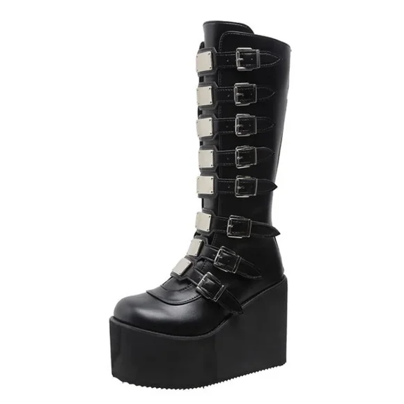 Women‘s Cosplay Boots Multi-row Belt Buckle Long Tube Leather Knight Boot Punk Gothic Classic Black High Heel Shoes Knee-High FWZ