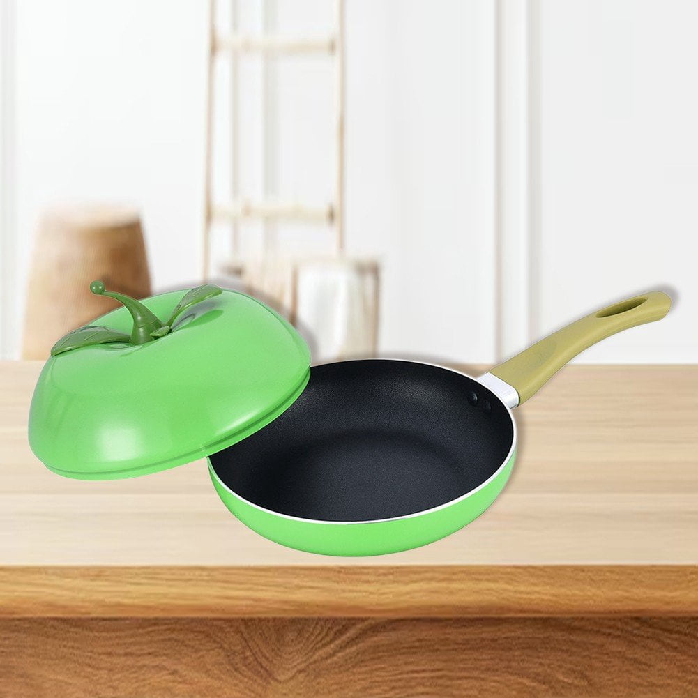 Jiibva 1Pc Green Apple Shape Non Stick Skillet Frying Pan with Lid for Home Induction Cooker