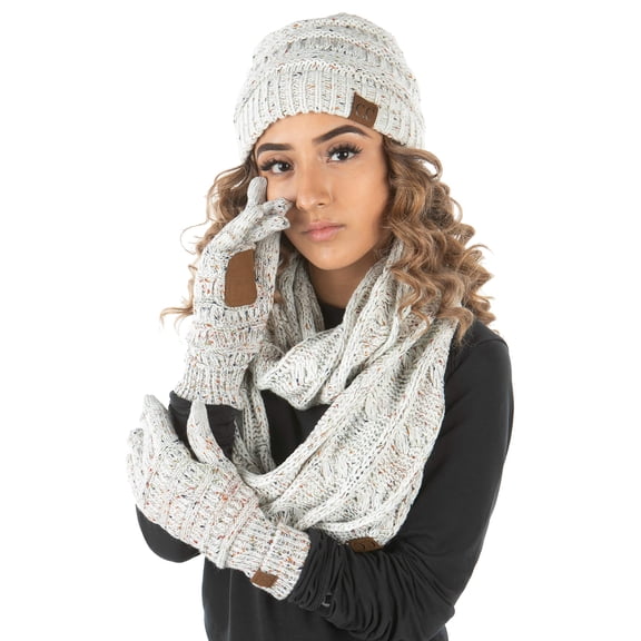 Funky Junque Hat Scarf Glove Set for Women – Matching Winter Set - Confetti Ivory