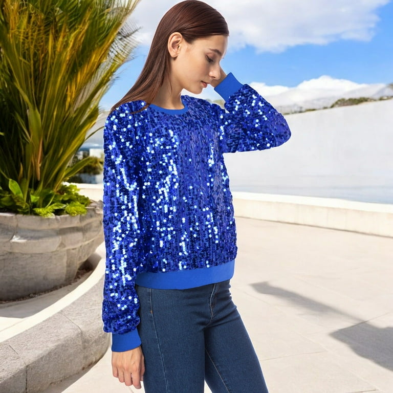 Women's Sequin Long Sleeve Sparkly Pullover Sweatshirt- Large