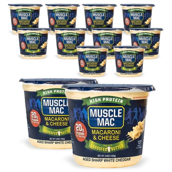 Muscle Mac Microwavable Macaroni & Cheese Cups - Aged Sharp White Cheddar Cheese - Made With Real Cheese & Butter (Updated Formula) - Vegetarian-Friendly Pea Protein - 3.6 oz. (Pack of 12)