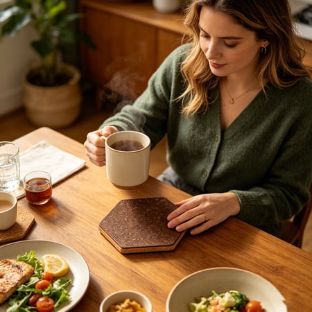 Rustic Absorbent Cork Coaster Heat Resistant Drink Coaster with Round Square Hexagon Design Farmhouse Water-Absorbing Tabletop Protector for Coffee Tea Glasses Home Kitchen Office Bar