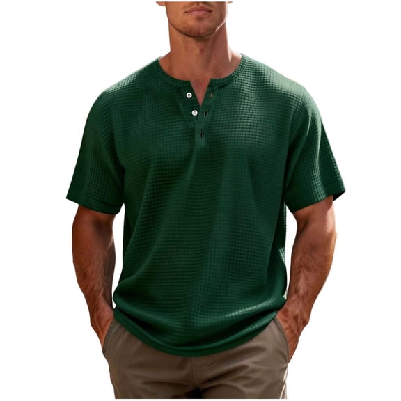 Cmfcve Men's Waffle Henley Shirts Short Sleeve Tees Cotton Summer Casual T Shirts Knitted Pullover Tops