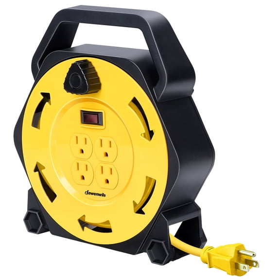 DEWENWILS 25FT Retractable Cord Reel, Hand Wind Extension Cord Reel, 16/3 SJTW Power Cord, 4 Grounded Outlets, 13 Amp Circuit Breaker, Ideal for Workshop, Outdoor, Yellow, UL Listed