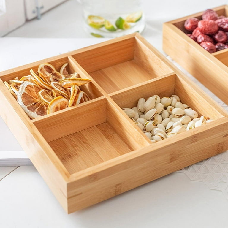Wood Candy and Nut Serving Tray with Compartment Organizer, Square Rectangle Sectional Wooden Food Storage Container, Divided Snack Holder Dish