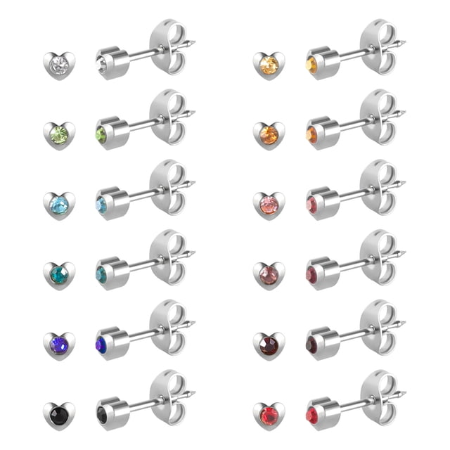 12 Pairs Ear Piercing Stud Earrings,Surgical Stainless Steel Multicolor Cubic Zirconia Birthstone Stud Earrings for Piercing Guns 2mm 3mm 4mm