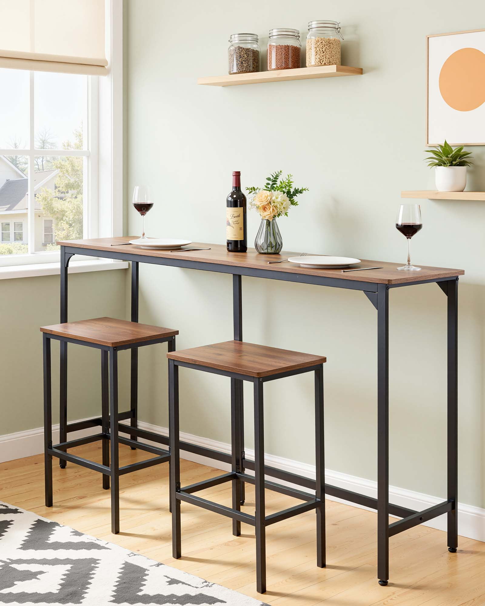 VEVOR Bar Table, 1PCS 63″ Kitchen Bar Table, Tall Dining Tables with Rounded Edge, Rectangular High Top Kitchen Tables for Balcony, Living Room, Light Brown, Black, Extended Horizontal Design